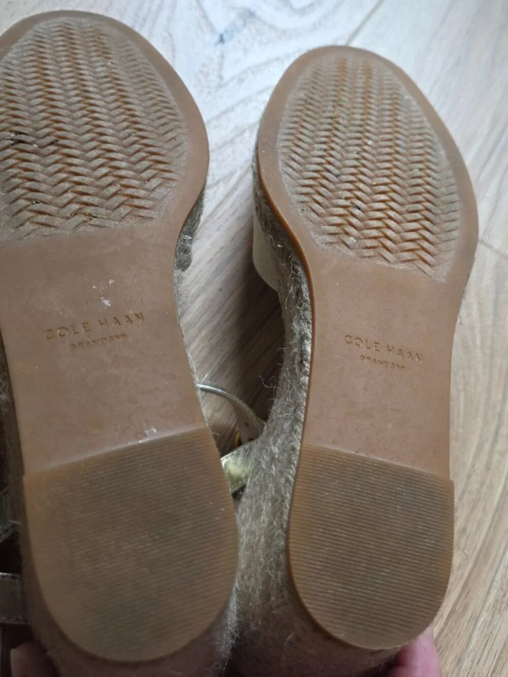 Cole Haan Grand.ØS Linen Espadrille Wedge Sandals Gold Ankle Strap 9.5